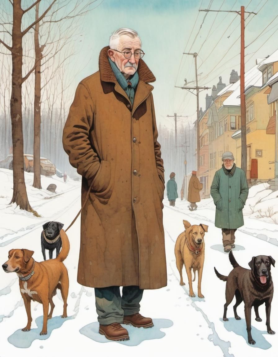 Grandfather Walks Dogs in Snowy Scene