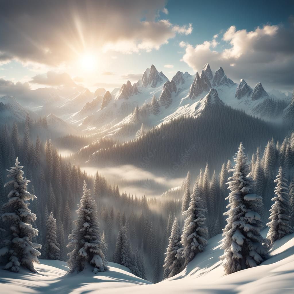 Snowy Mountain Landscape with Sunlight and Clouds