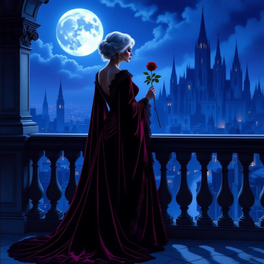 Gothic Enchantress on Moonlit Balcony