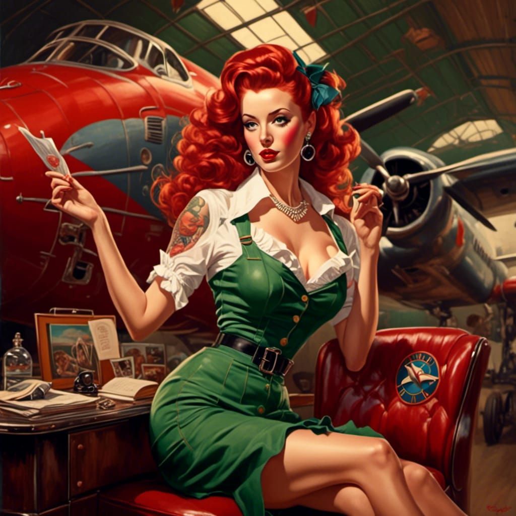 Retro Rockabilly Airplane Logo with Pinup Girl