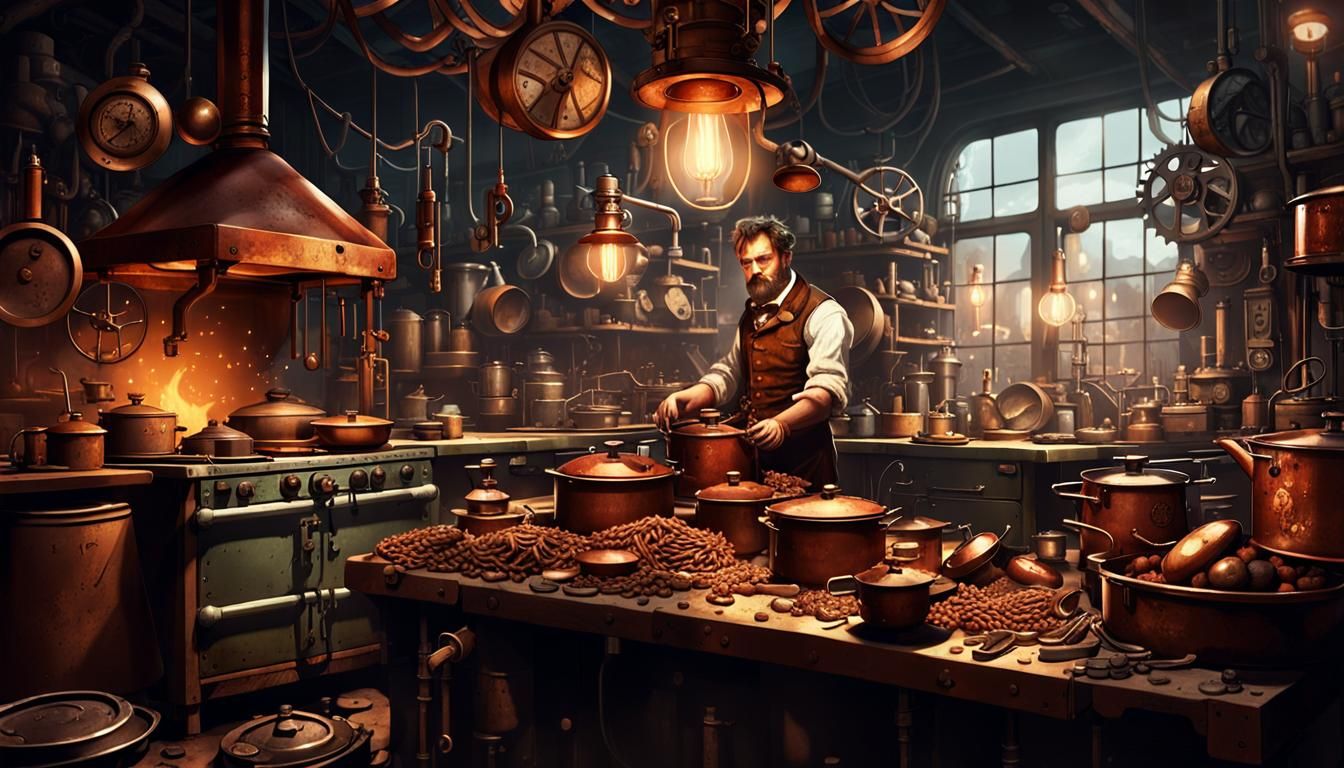 Steampunk Inventor's Cluttered Industrial Kitchen
