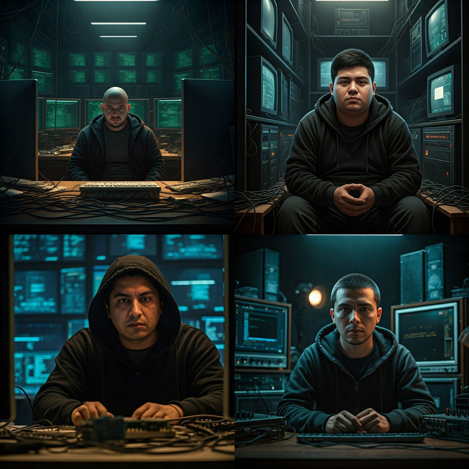 Cinematic Hacker in Hoodie Surrounded by Computers