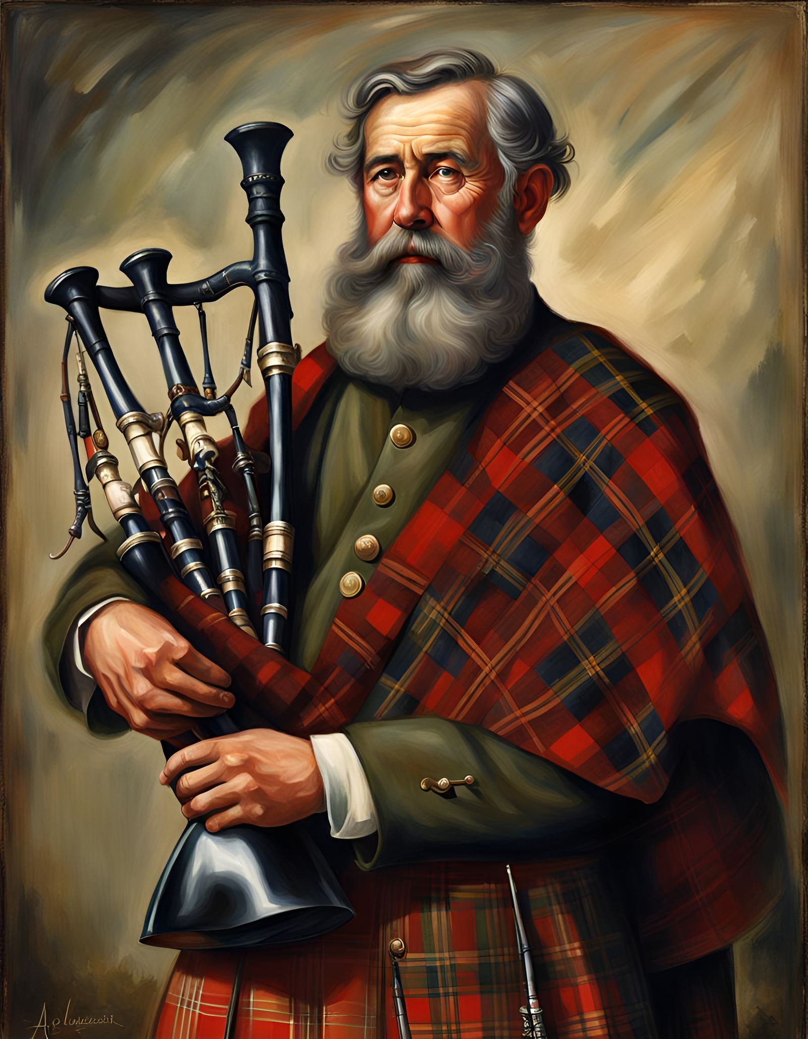 Scottish Highlander with Bagpipes in Classical Realism Style