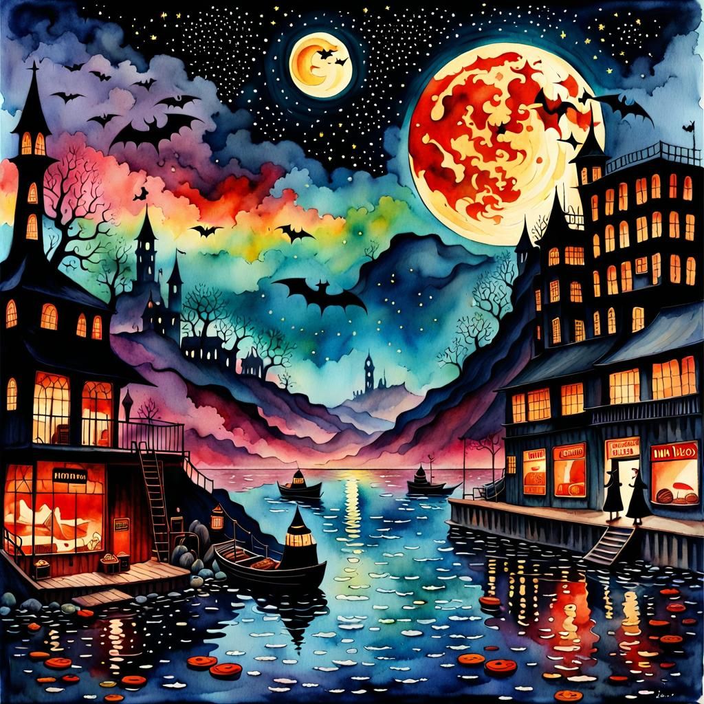Polluted Red Ocean Watercolor with Starry Night