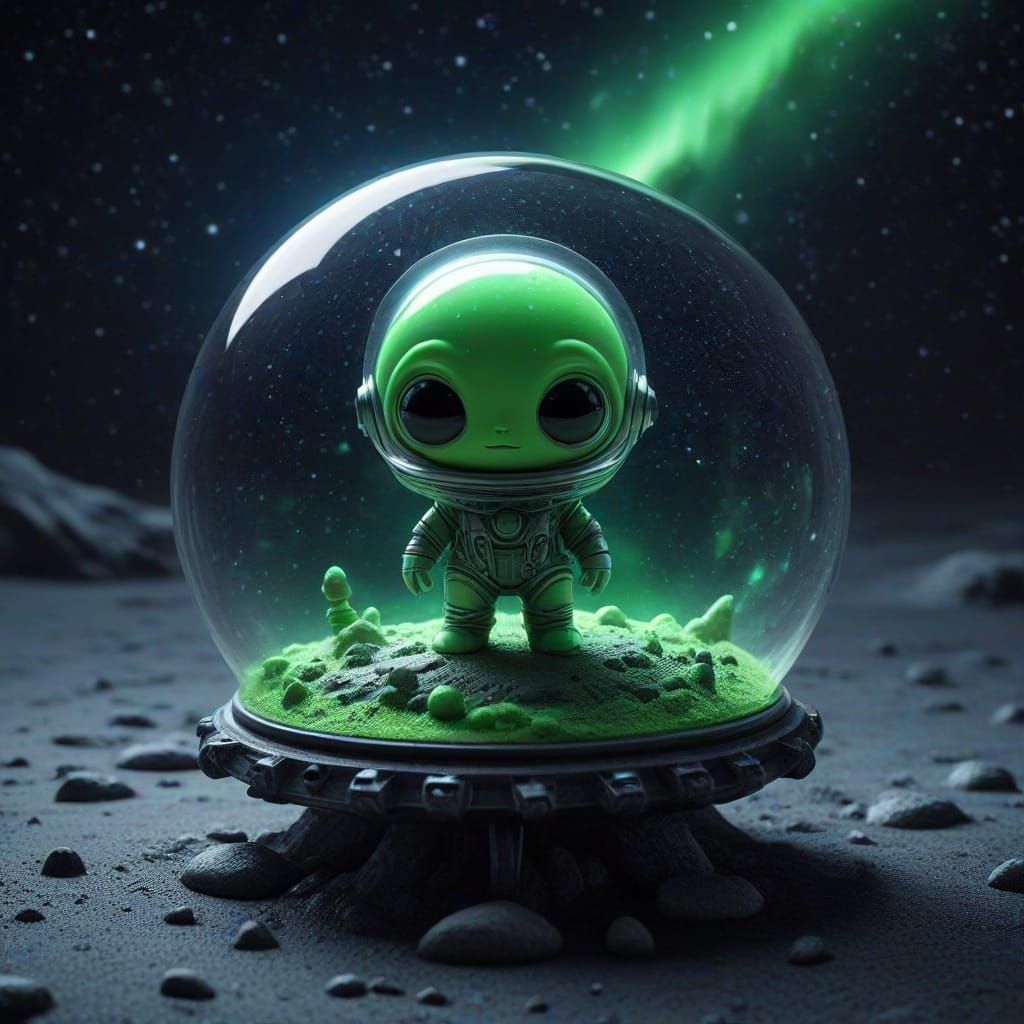 Miniature Alien Spaceship on Moon with Chibi Alien