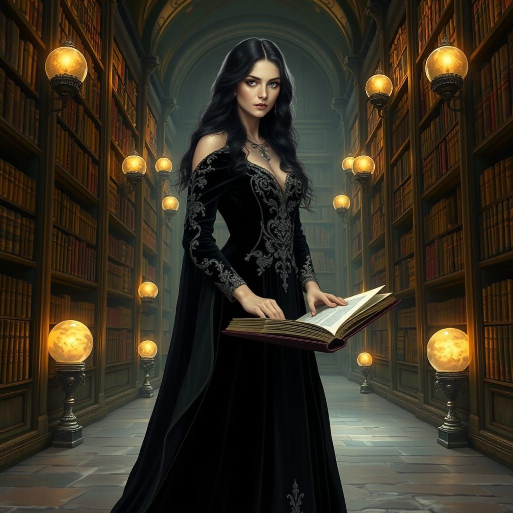Ethereal Noblewoman in Ancient Library, amidst Mystical Illu...