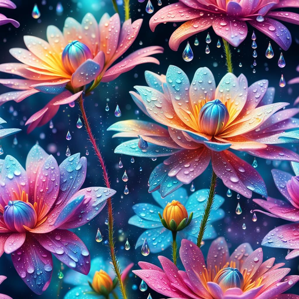 Shimmering Flowers with Dew Drops: Hyperrealistic Illustrati...