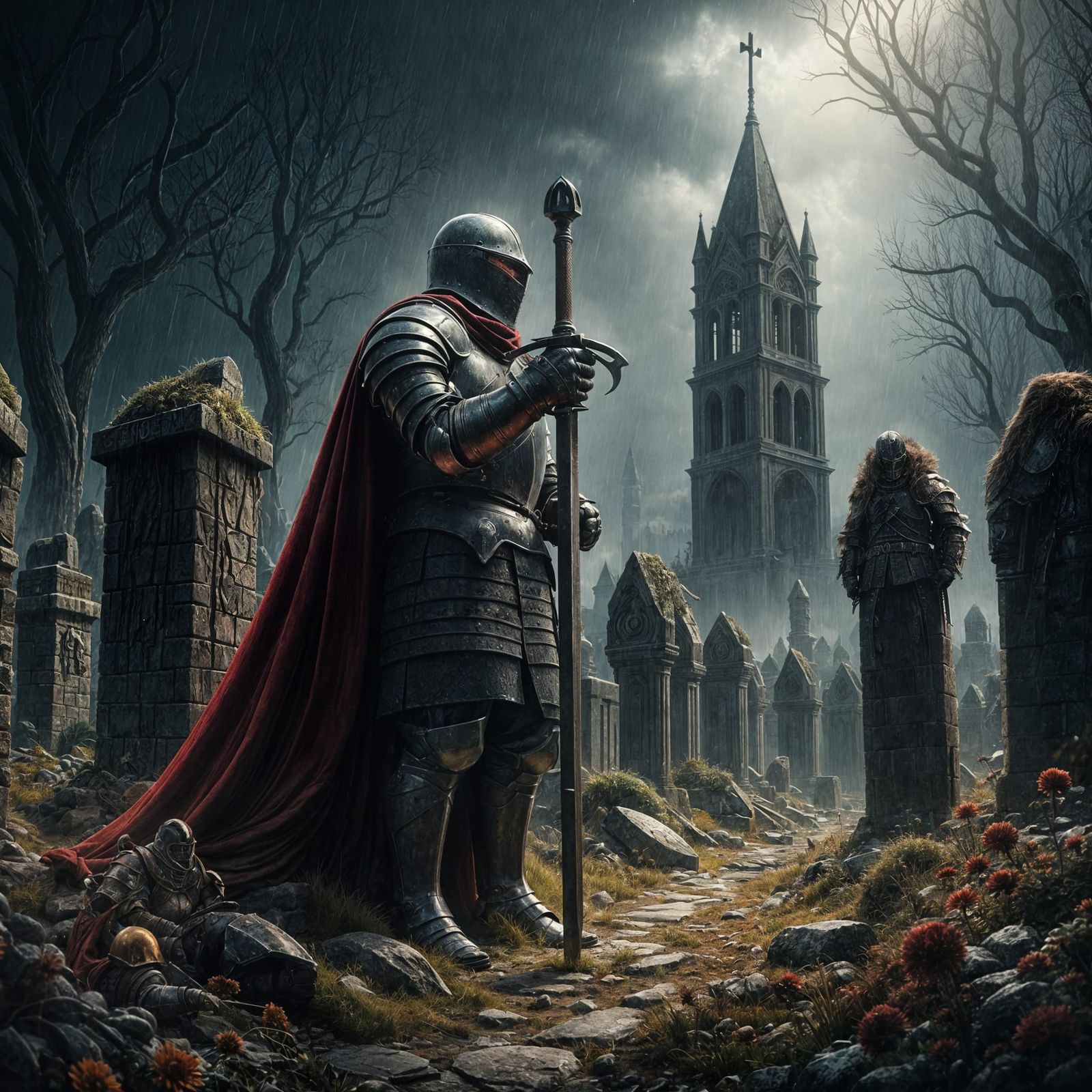 Knight Mourns Loss by Tombstone in Dramatic Rain