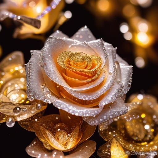 Glowing Rose with Transparent Petals and Gold Filigree