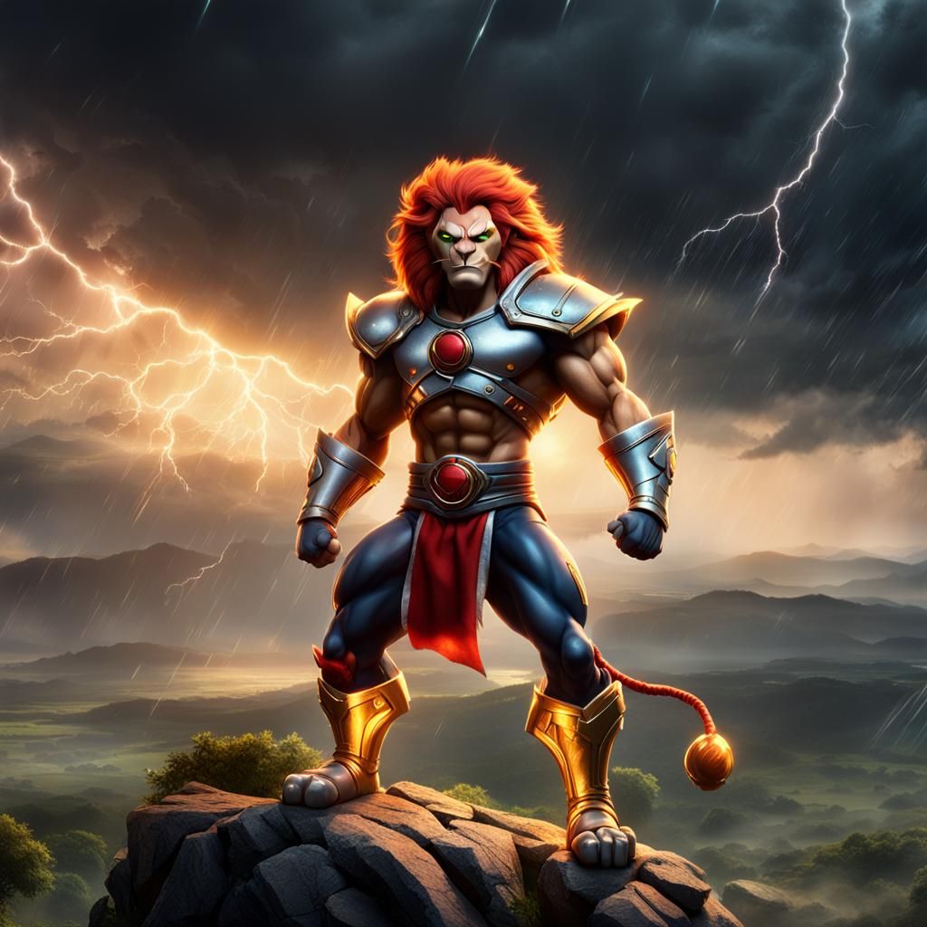 Lion-O Heroic Pose in Rainy Thunderstorm, 3D Digital Art
