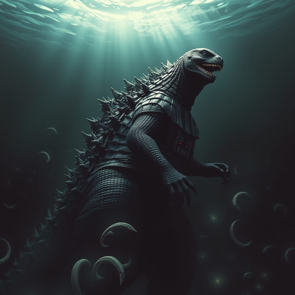 Godzilla in Darth Vader Suit, Submerged in Dark Ocean Depths