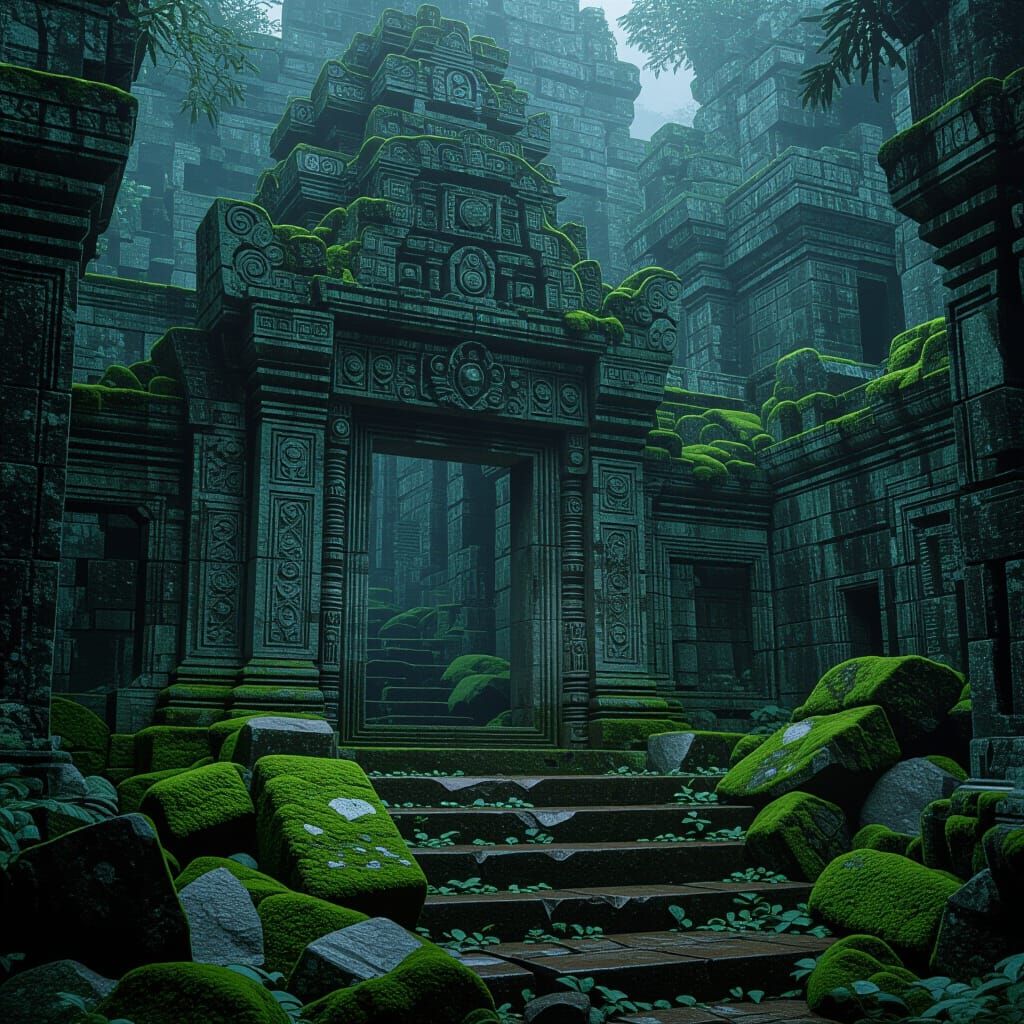 Bioluminescent Temple Doorway in Cyberpunk Style