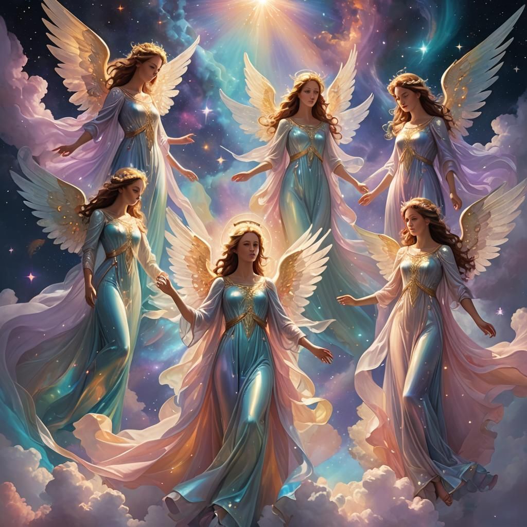 Iridescent Angels in Illuminated Celestial Scene