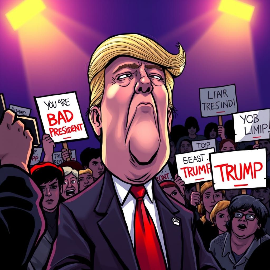 Dejected Trump Booed by Protestors in Satirical Cartoon Styl...