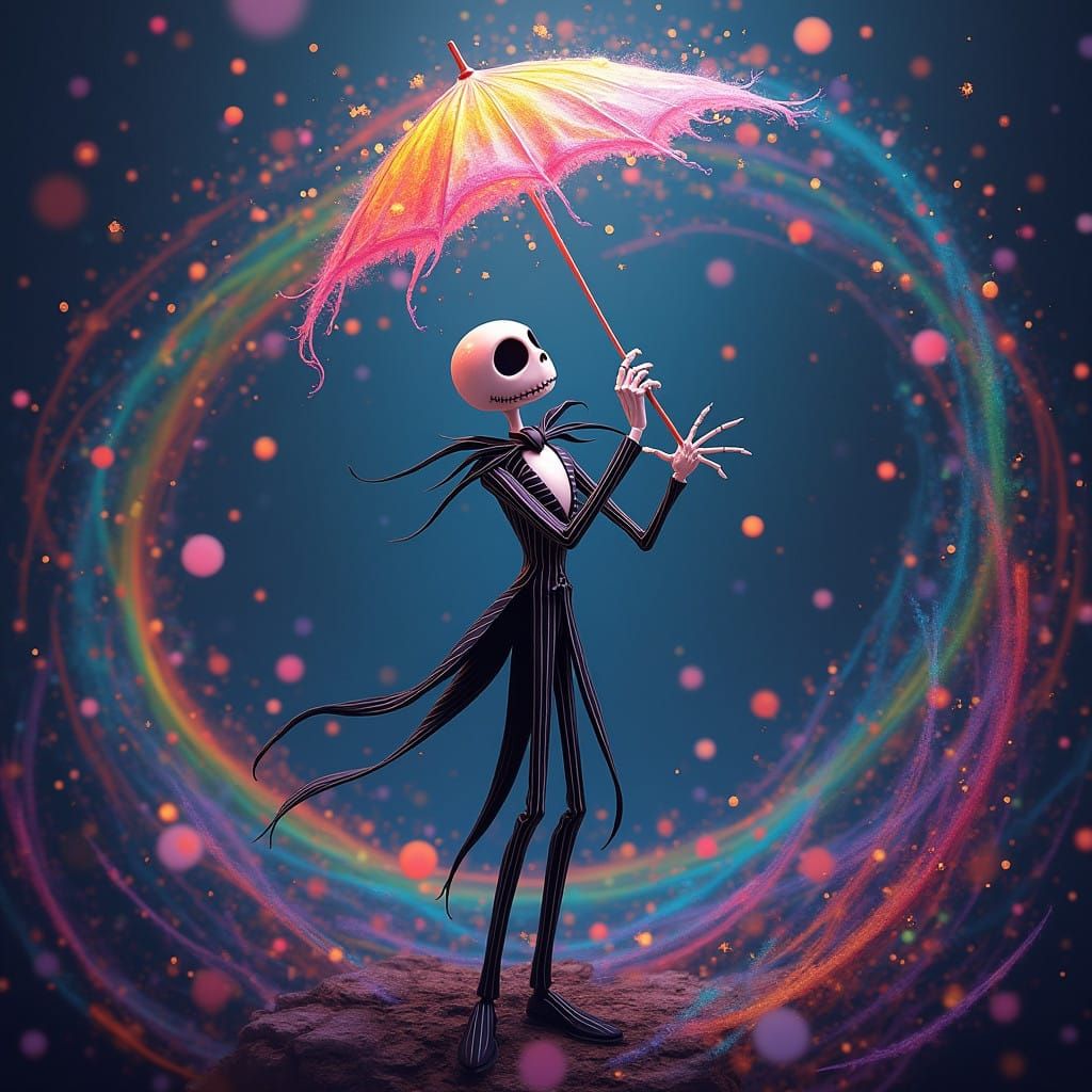 Dapper Skeleton Amidst Whimsical Rainbows