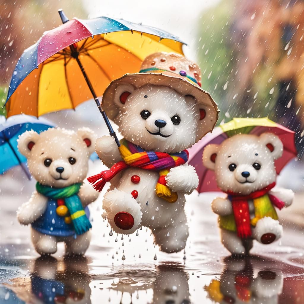 Teddy Bears Frolicking on Rainy Street in Pixar Style