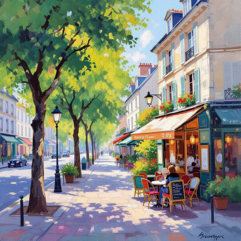 Charming Cafe Street Scene in Gouache Style