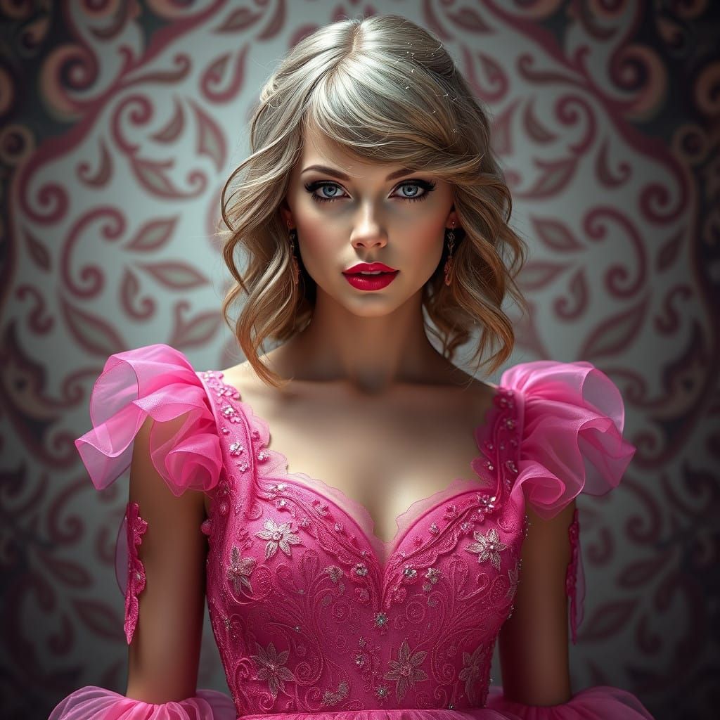 Pink Lady in Elegant Gown: A Hyperrealistic Portrait