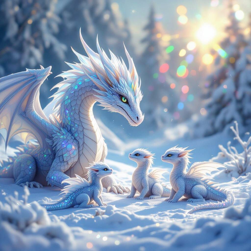 Majestic Ice Dragon with Hatchlings in Snowy Landscape