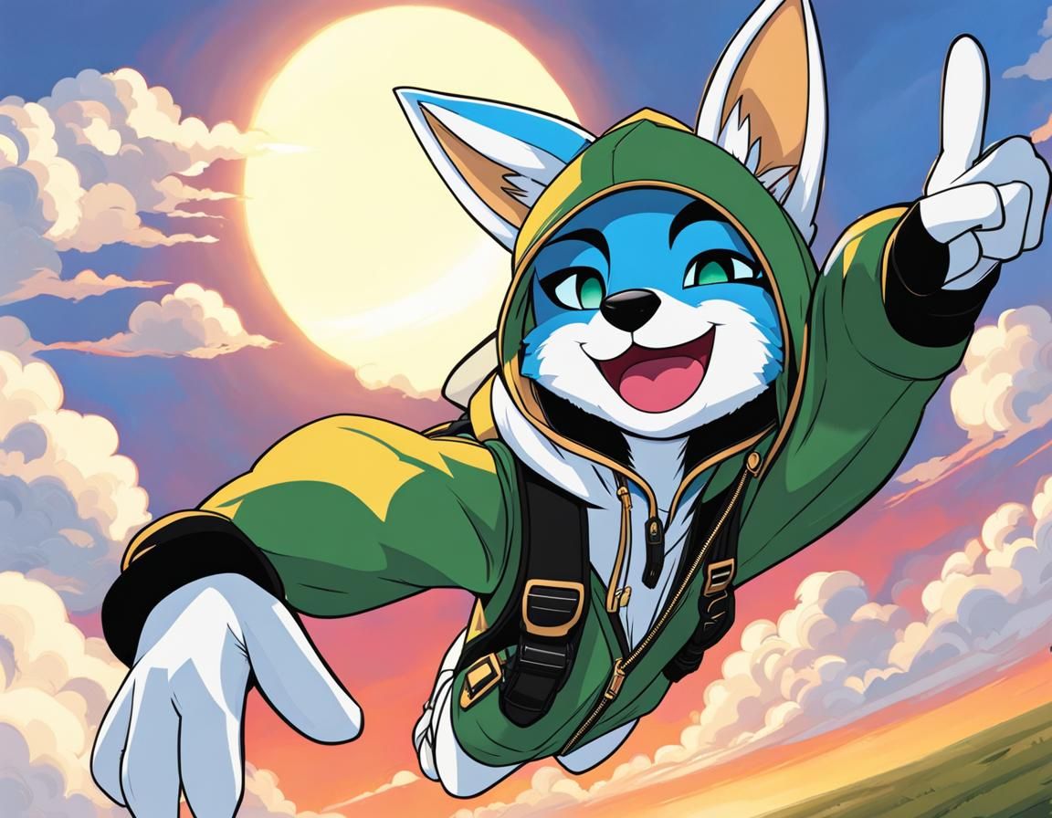 Falling Protogen Character with Sunset Parachute