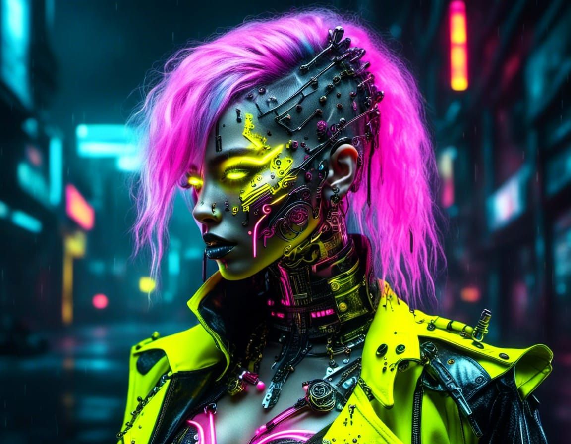 Cyberpunk Warrior in Neon Desert Landscape