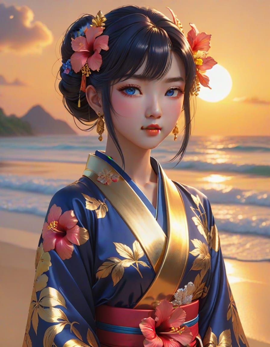 Tropical Woman in Kimono: Anime Art with Sapphire Eyes