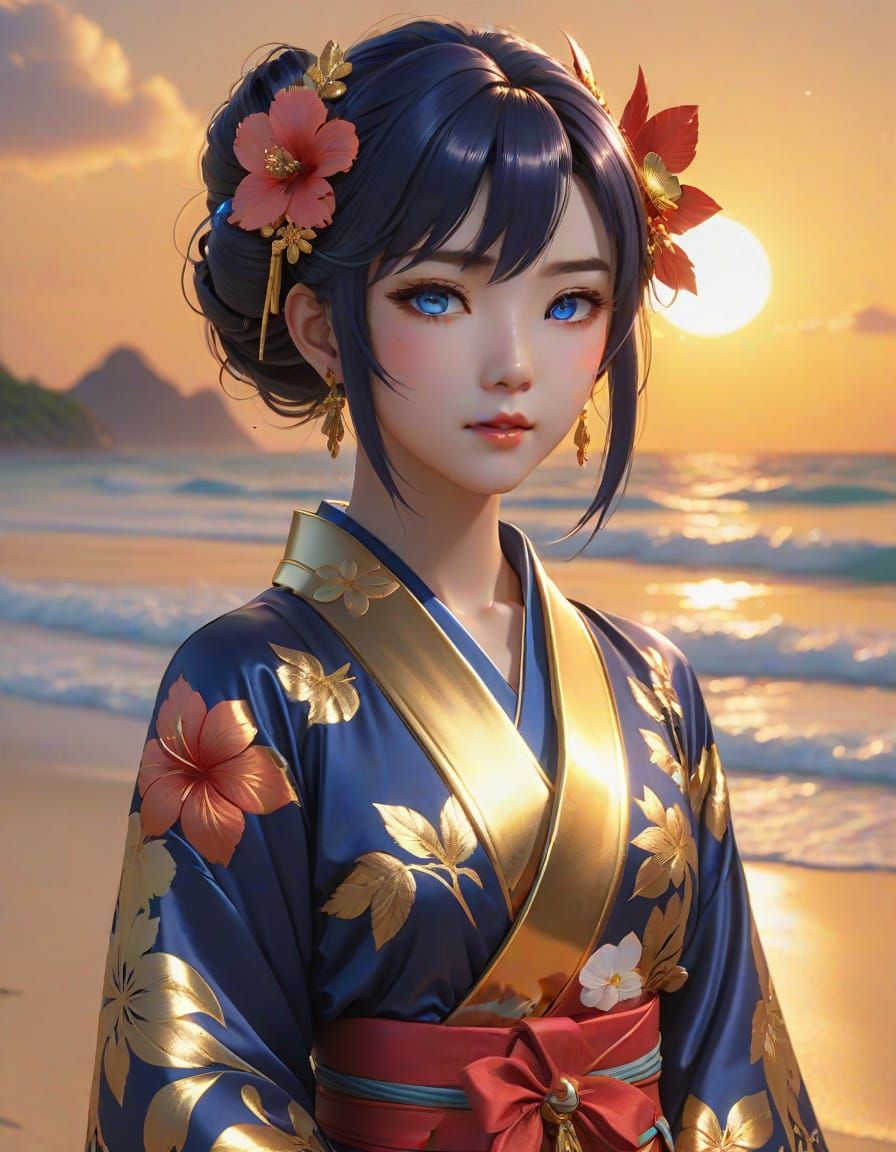 Tropical Anime Woman with Sapphire Eyes in Golden Kimono
