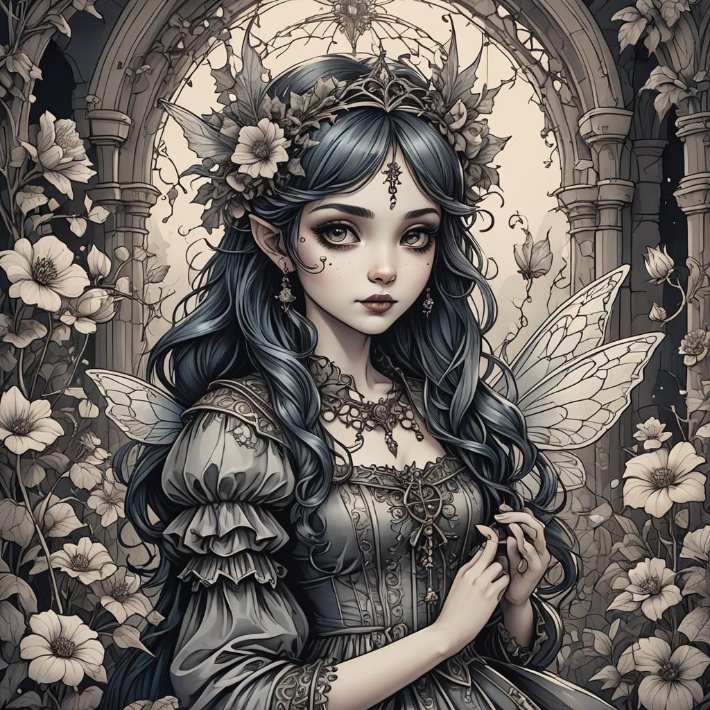 Gothic Fairy Line Art for Coloring Book