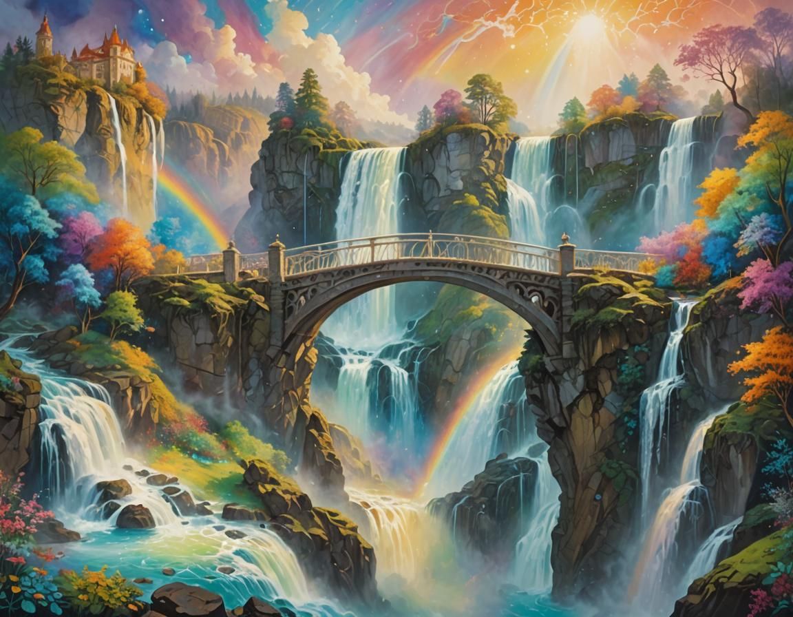 Fantasy Bridge Over Waterfall in Art Nouveau Style