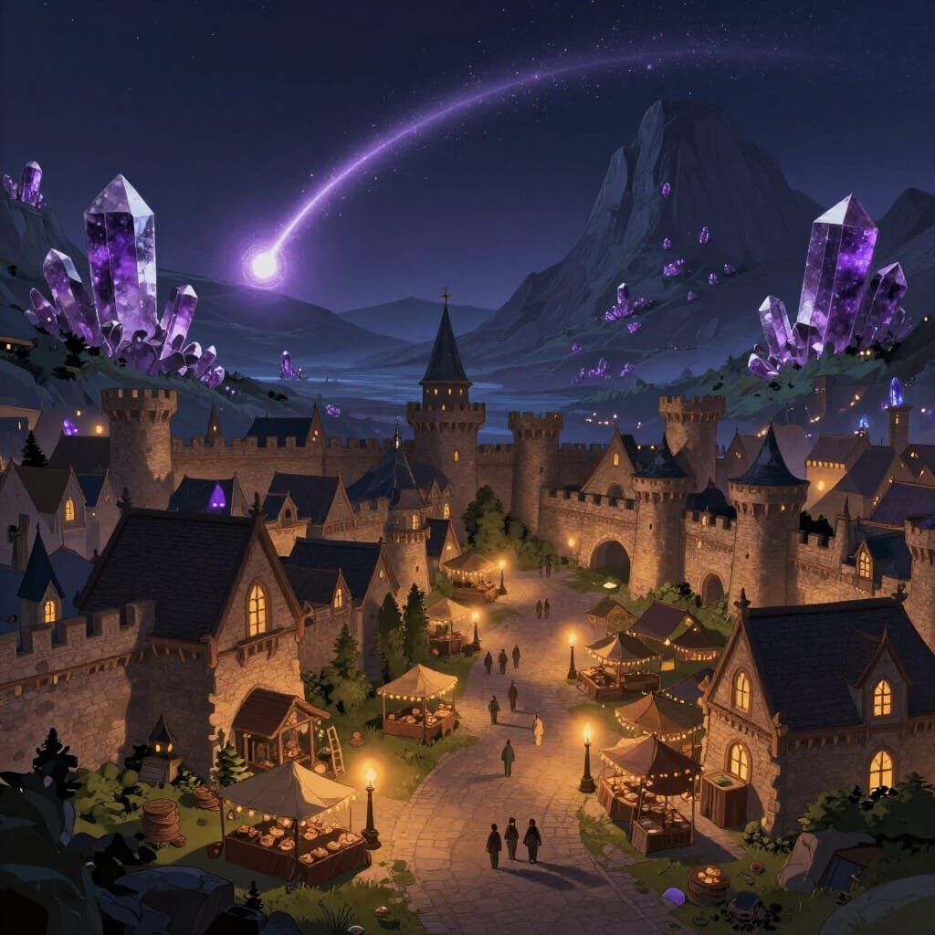Elyndor Medieval City at Night with Aether Comet