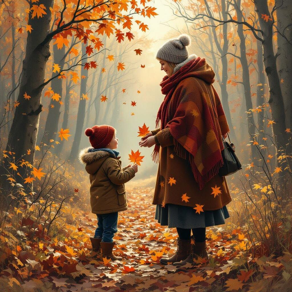 Surreal Autumn Forest Scene: Grandmother and Grandchild