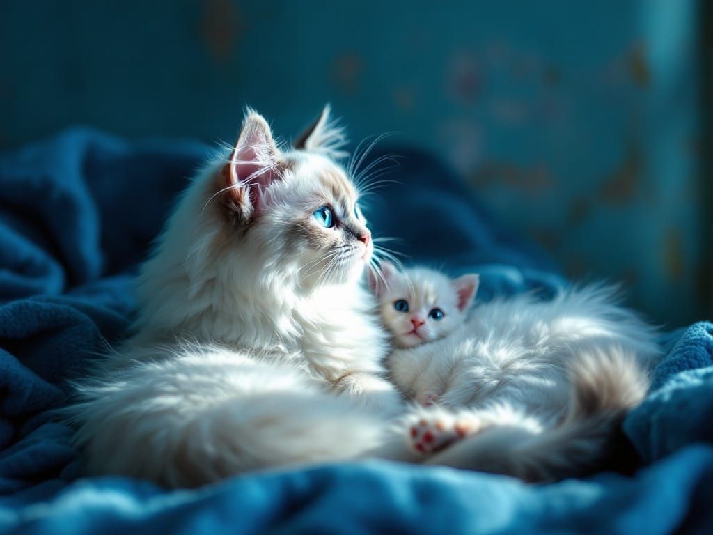 Birman Cat and Kitten in Digital Painting Style