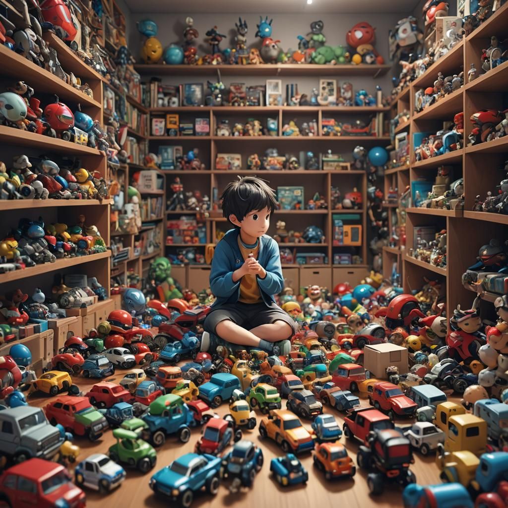 Unsatisfied Boy Surrounded by Toys: 3D Anime Art