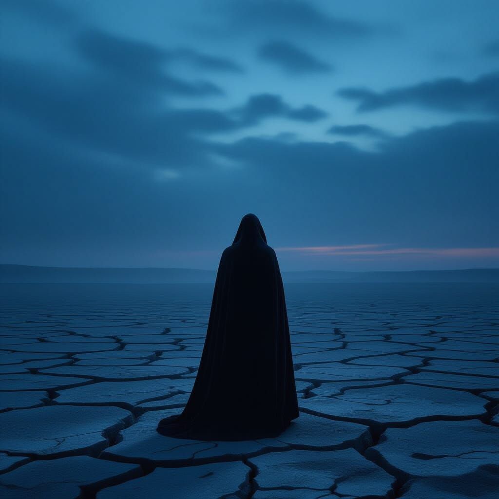 Solitary Figure on Windswept Plain Under Twilight Sky