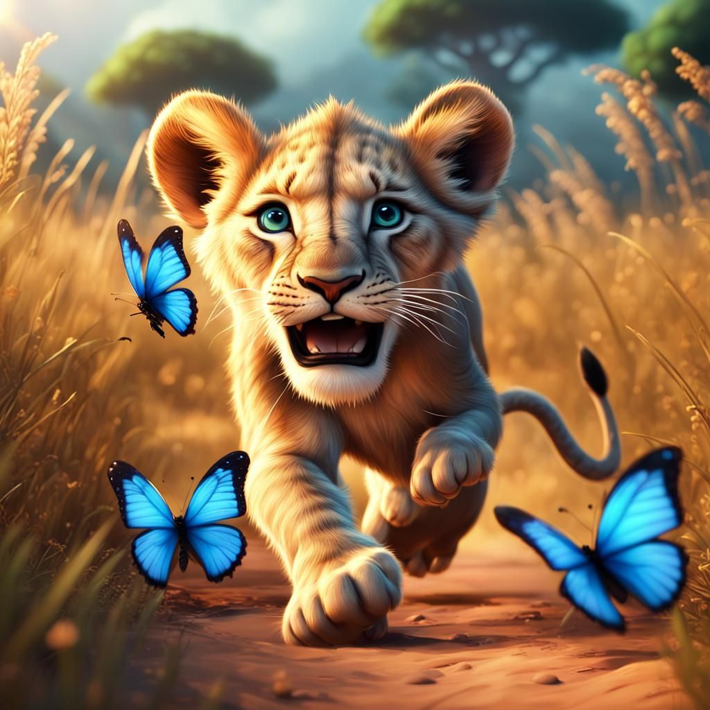 Lion Cubs' Butterfly Chase: 3D Digital Art