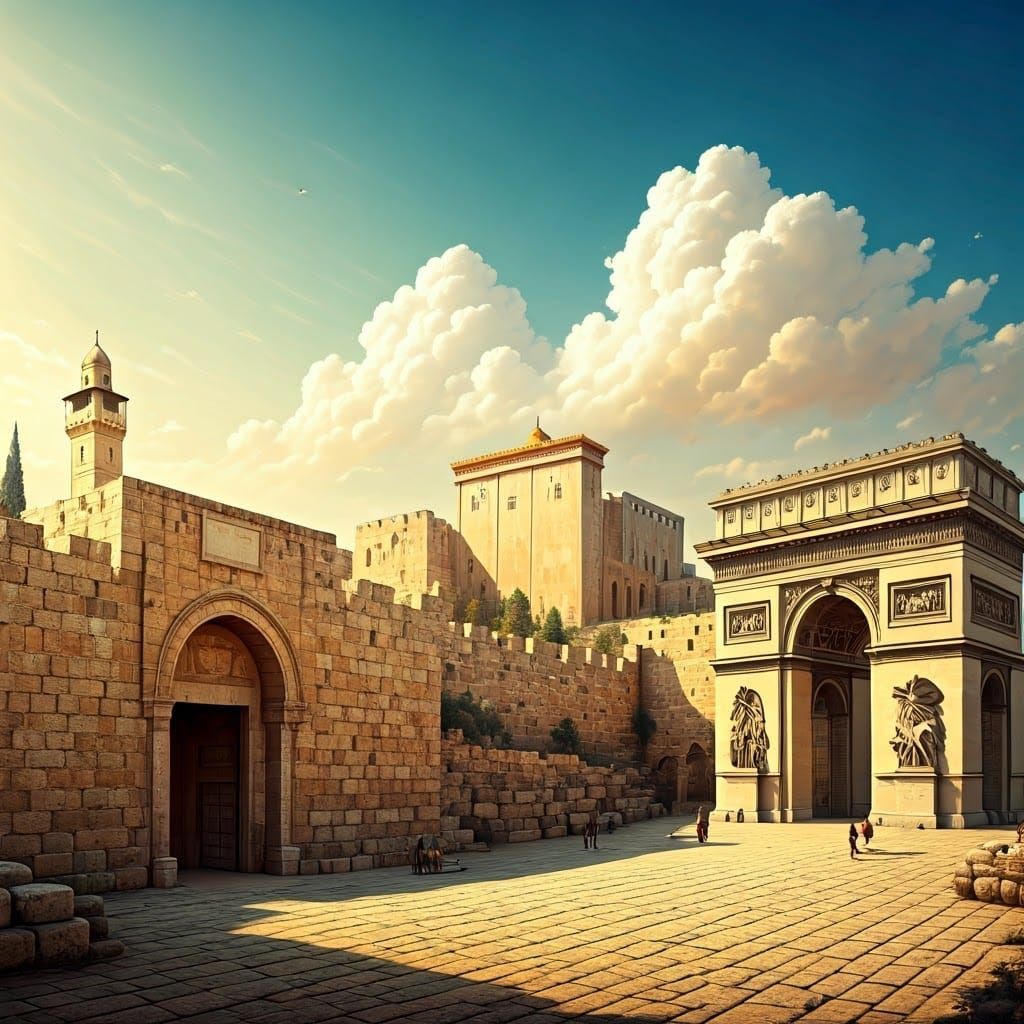 Ancient Jerusalem with the Jewish Temple and Three Iconic Ga...