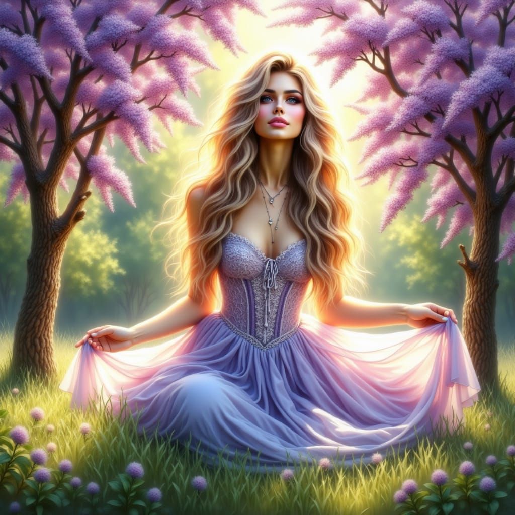 Ethereal Princess in a Whimsical Lilac Garden