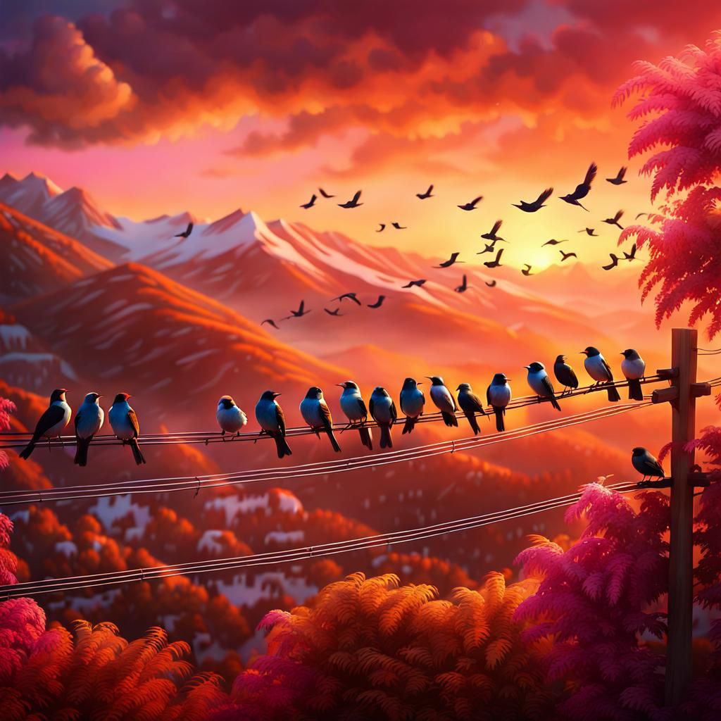 Musical Birds in Mountain Village Sunset