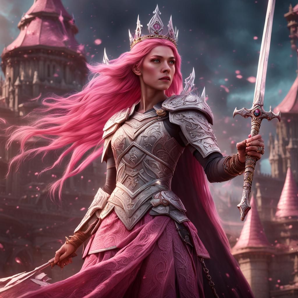 Pink-Haired Warrior Goddess in Hyperrealism Style
