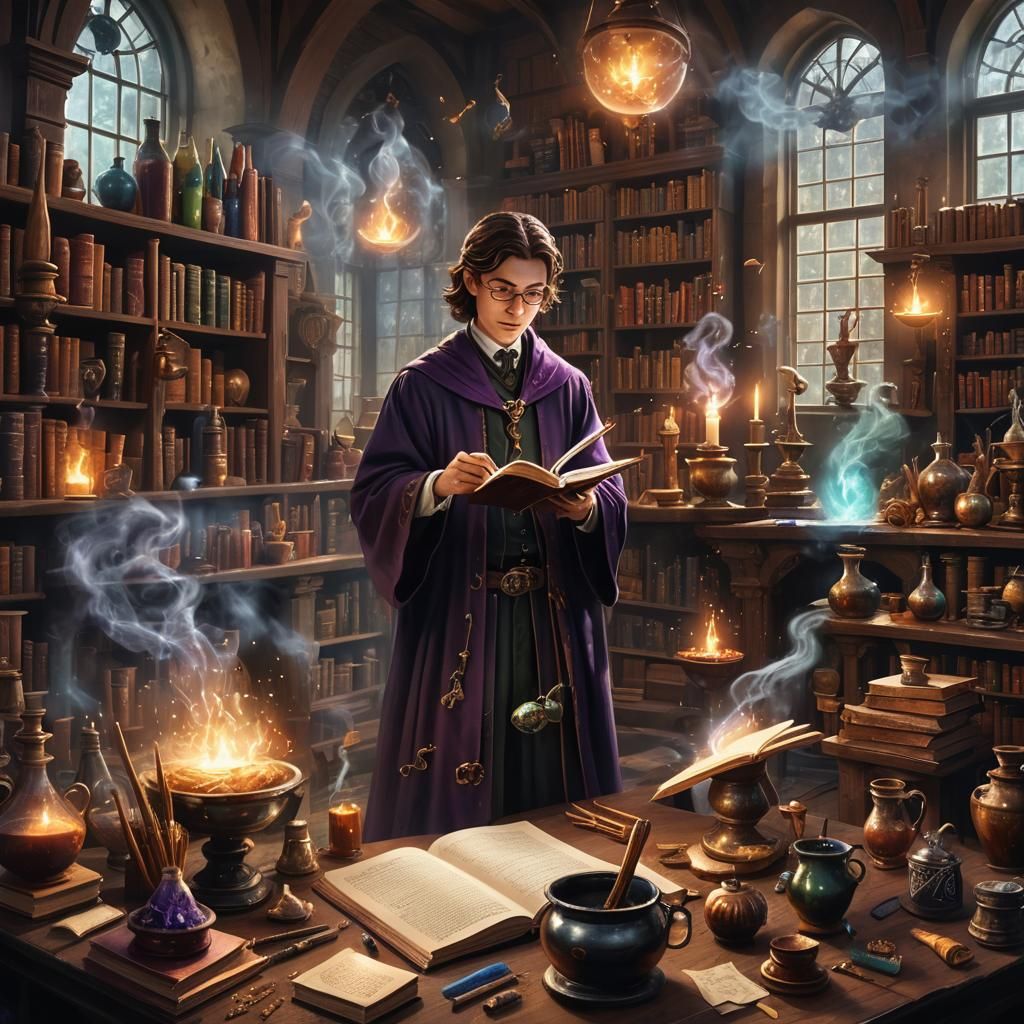 Young Wizard Practicing Spells in Magical Library: Fantasy A...