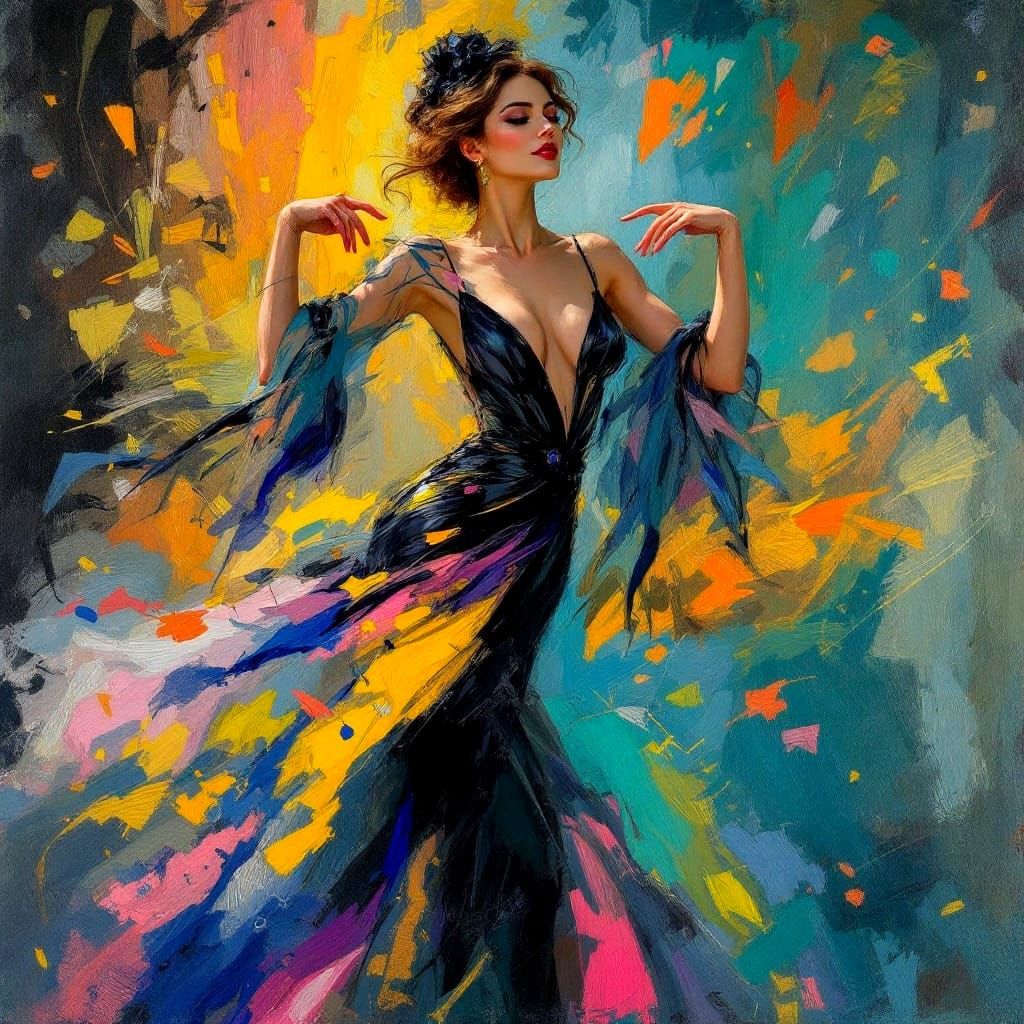 Surreal Belle Époque Ballroom Scene with Elegant Woman Danci...