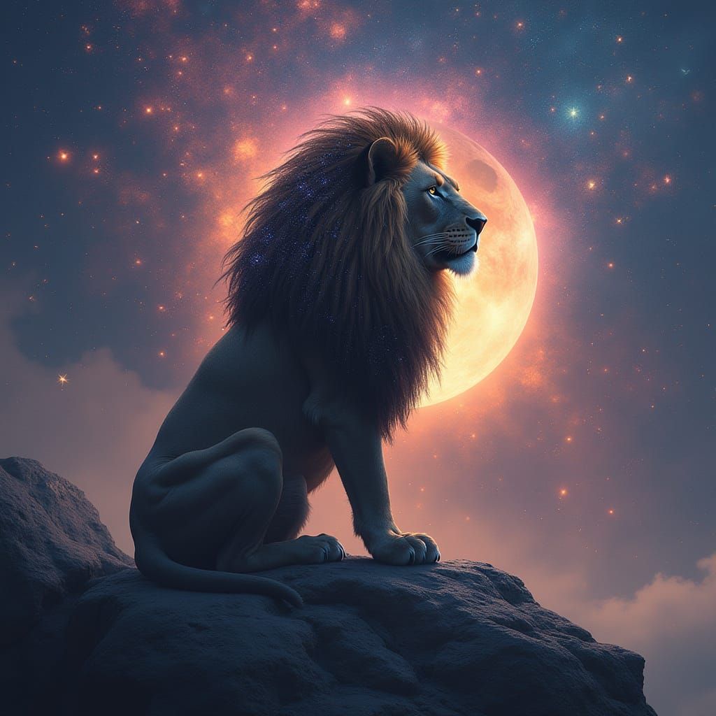 Majestic Lion with Stardust Mane on Rocky Outcrop