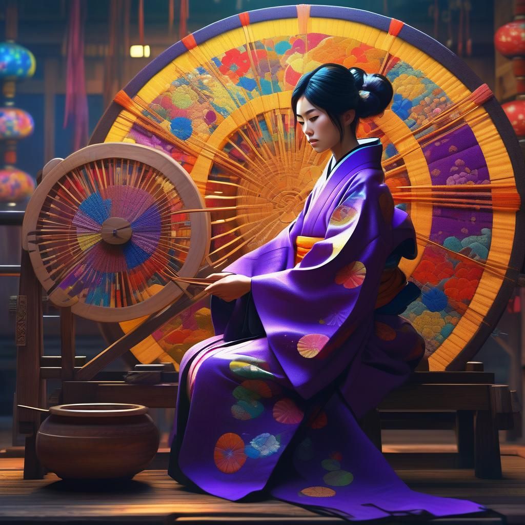 Japanese Weaver in Kimono with Psychedelic Colors
