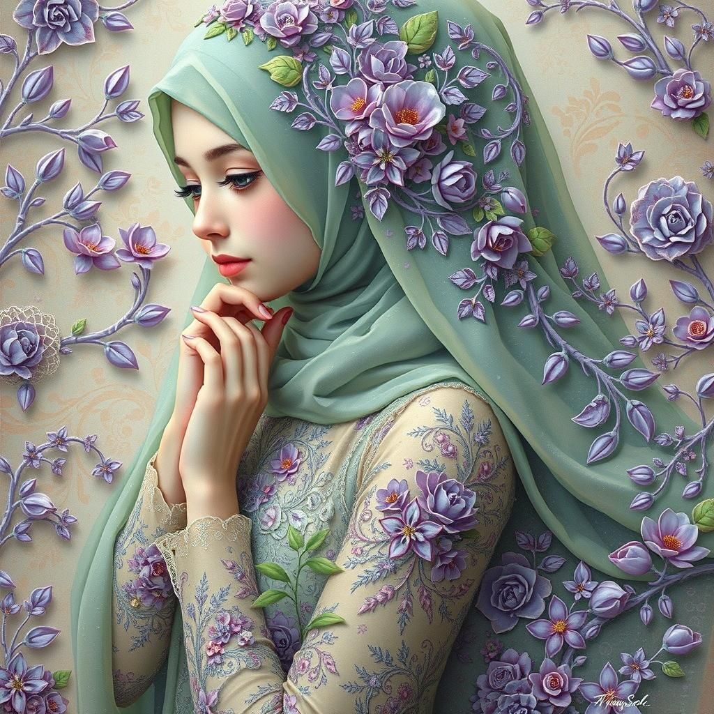 Girl in Floral Hijab: Ethereal Digital Art