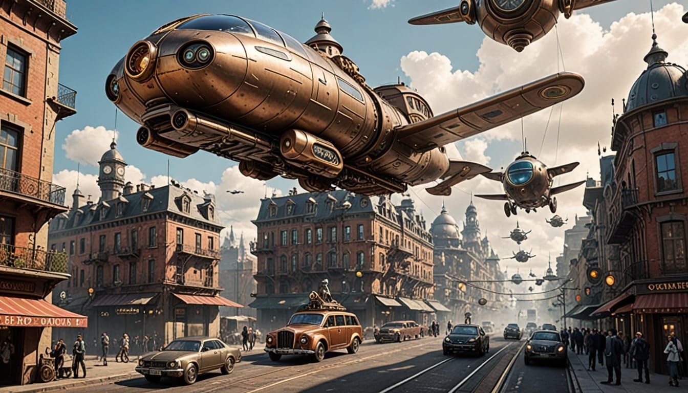 Steampunk Metropolis with Flying Cars