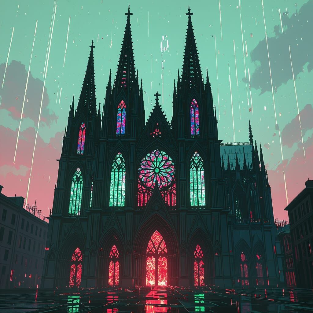 Gothic Cathedral with Glitch Art Spires