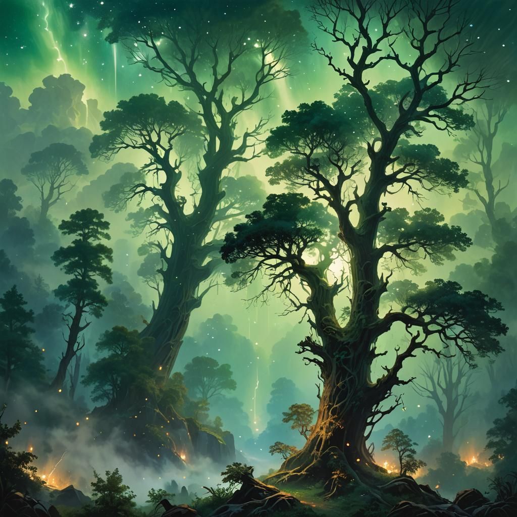 Mystical Forest Dawn with Shooting Stars