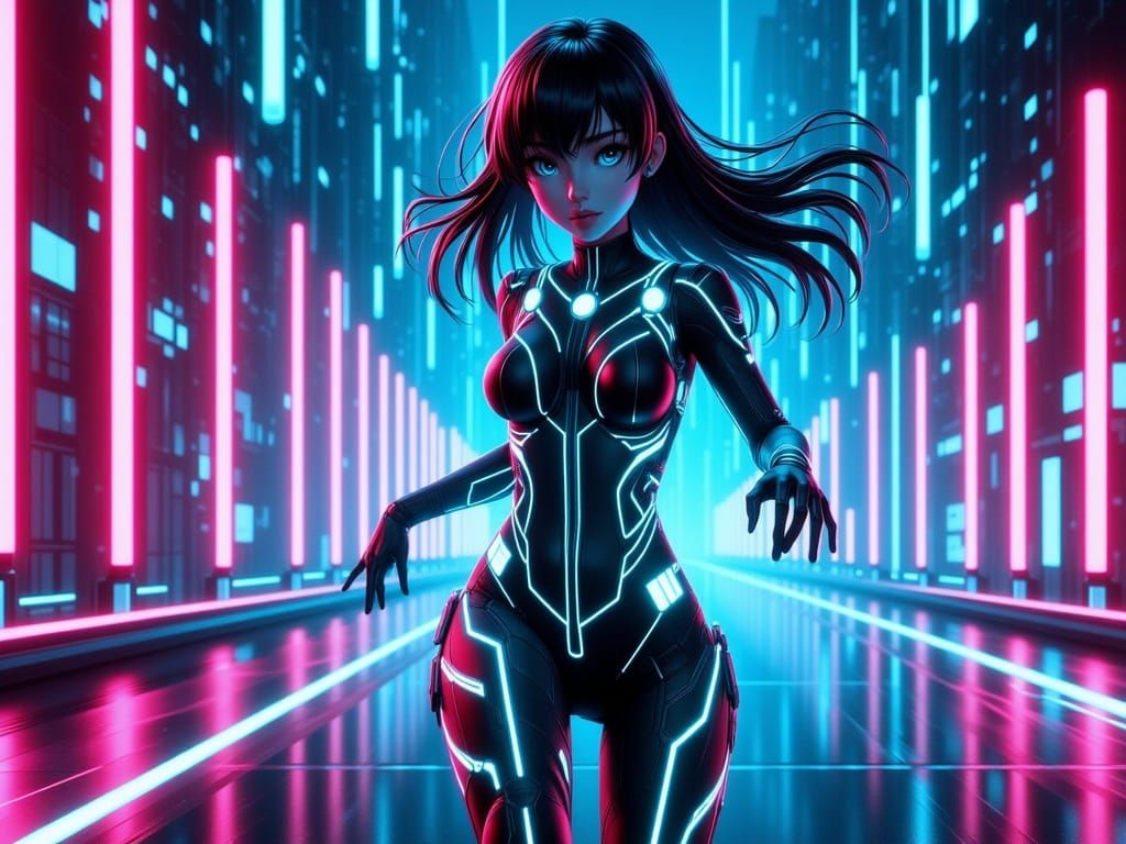 Cyberpunk Girl in Neon Cyberspace Labyrinth