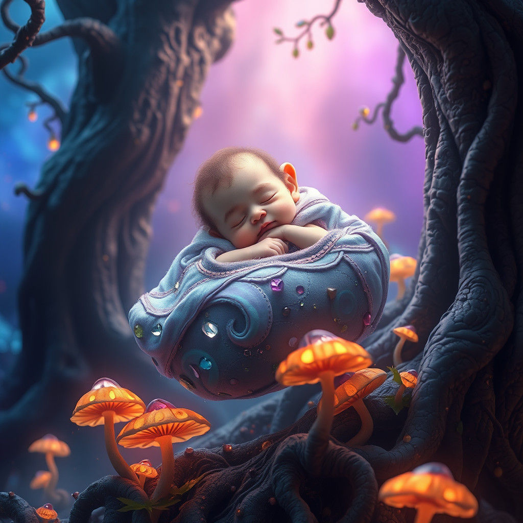Baby Floats in Dreamlike Gemstone Forest