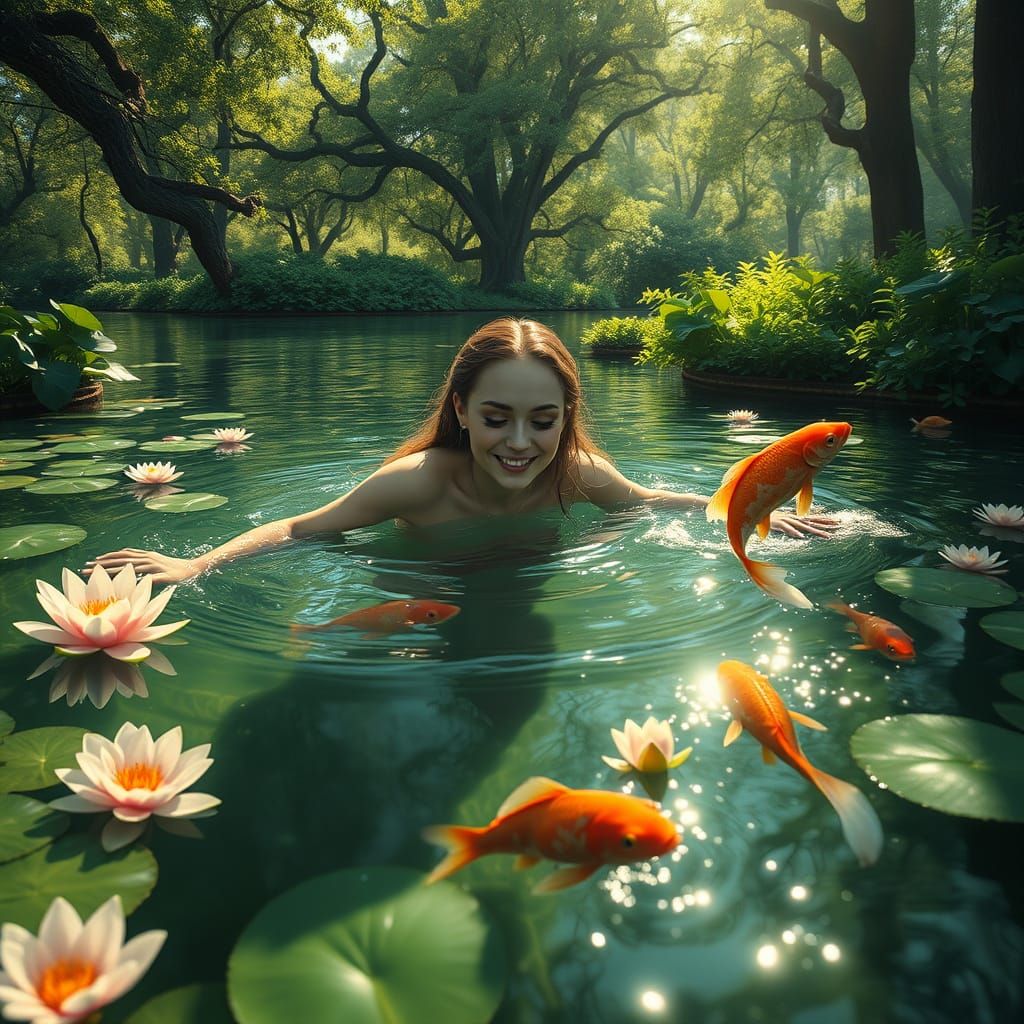 Beautiful Woman Faun Swimming in Serene Pond